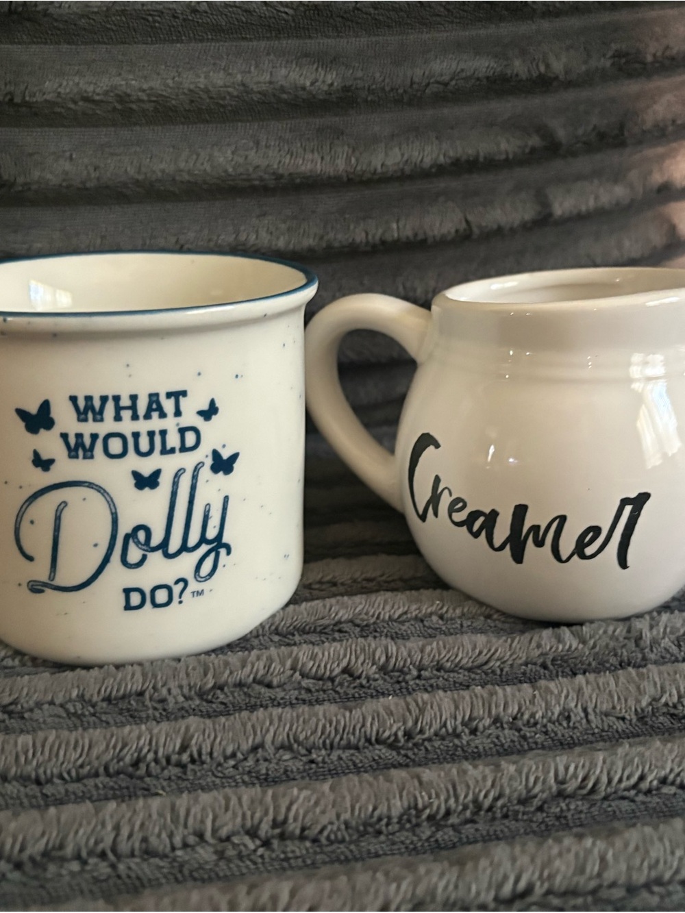 What Would Dolly Do? Blue and White Ceramic Mug and Creamer Pitcher